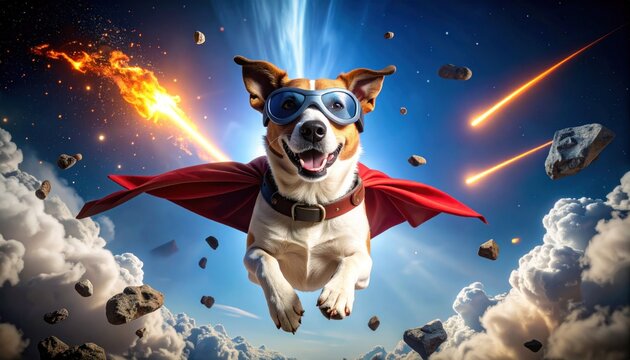 Dog Superhero in Flight Catching Meteors with Cape and Goggles Against a Dramatic Cloudy Sky