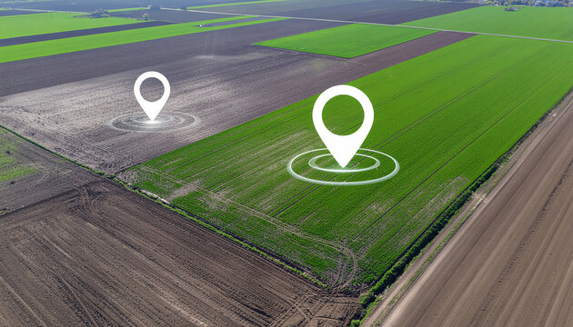 Aerial view of farmland with green fields and location markers, illustrating agricultural mapping and precision farming technology