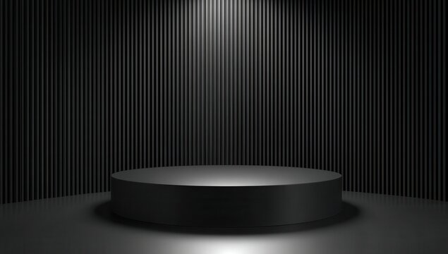 3D render, abstract black background with an empty round podium and a wall with vertical lines for product presentation, mock-up space, geometric platform stage design, light floor.