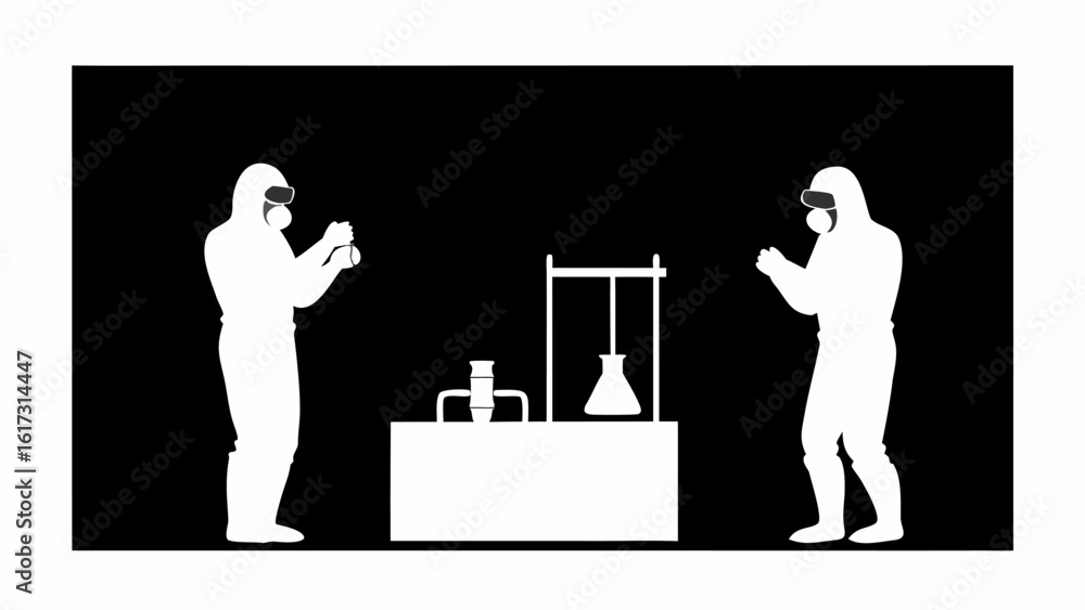 Poster two figures in hazmat suits conducting experiment with lab equipment on a table in a dark environmen
