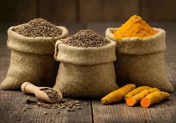 Spices in burlap bags