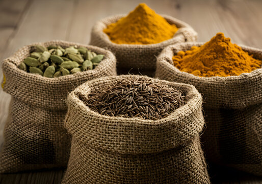 Spices in burlap bags on wooden background