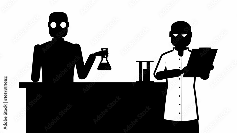 Poster two scientists conducting an experiment in a laboratory with beakers and a clipboard on a table silh
