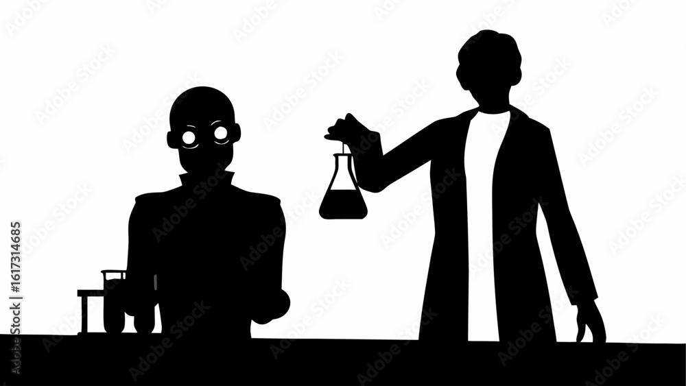 Poster silhouette of scientist holding flask and another figure with glowing eyes in a lab setting showing 