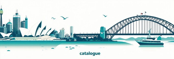 Sydney Skyline Art: Iconic Opera House & Harbour Bridge in Teal Palette