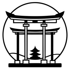 Stylized japanese torii gate with pagoda and circle
