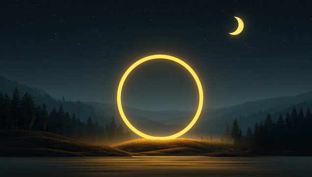 3D render of a glowing yellow ring on a dark background with a night sky and crescent moon. An abstract round shape is illuminated in the center. The night landscape features a.
