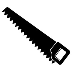 Black silhouette of a hand saw on a white background