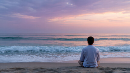 Serene man on beach practices yoga for digital detox finding tranquility while watching peaceful ocean sunset