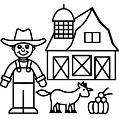 Cartoon farmer barn horse and pumpkin on a white background