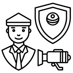 Security guard with shield and camera icons