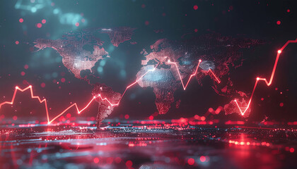 A digital world map highlighted with red data lines, symbolizing global trends and analytics in a tech-themed environment