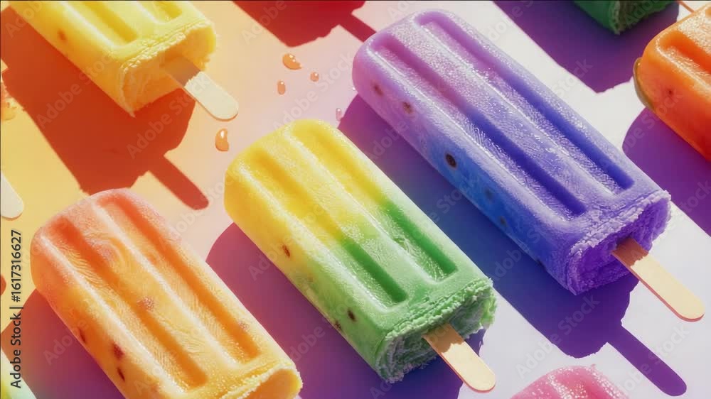 Poster the colorful ice pops are arranged in a row on a sunny day, showing the vibrant, fruit-flavored trea