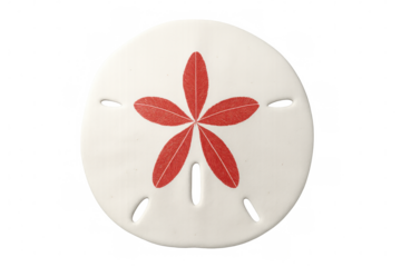 Decorative sand dollar displaying intricate red starfish pattern, closely viewed against transparent background