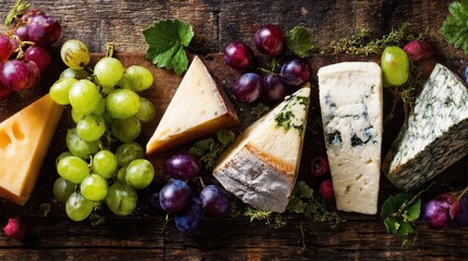 Assorted cheeses and grapes arranged on a wooden board.