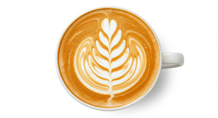 top view of coffee cappuccino spiral milk isolated on white background	
