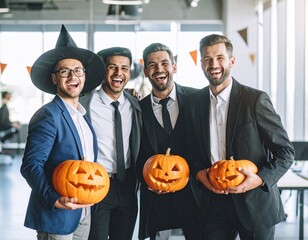 Coworkers in Halloween Costumes Celebrating at Office

