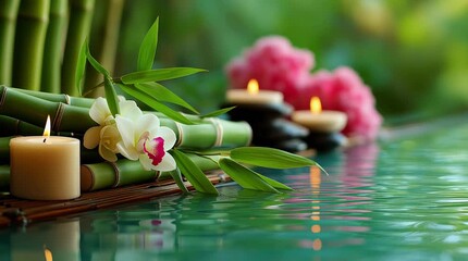 Tranquil spa setup featuring bamboo water fountain, large soy candle, and serene forest ambiance, creating a peaceful retreat for relaxation and rejuvenation - Powered by Adobe