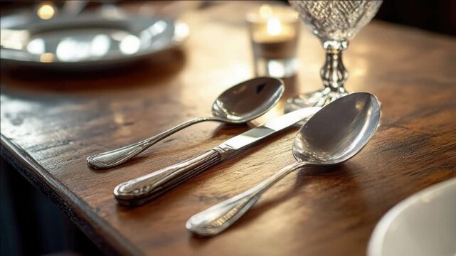 A beautifully arranged set of silverware on a dining table, indicating a formal or special occasion.