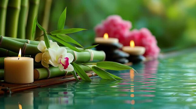 Tranquil spa setup featuring bamboo water fountain, large soy candle, and serene forest ambiance, creating a peaceful retreat for relaxation and rejuvenation