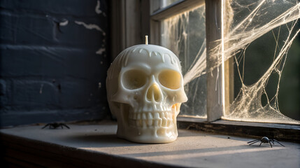 Spooky skull candle sits on a dusty windowsill with cobwebs