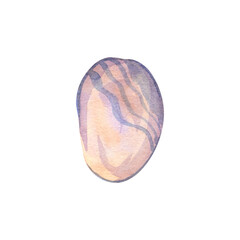 Sea stone, smooth round pebble, natural gravel with veins, shore, beach decoration, ocean shore souvenir, pastel colors on white background. Single isolated object. Hand drawn watercolor illustration