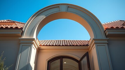 An elegant arched doorway of a luxurious home, framed by a clear blue sky and natural daylight.