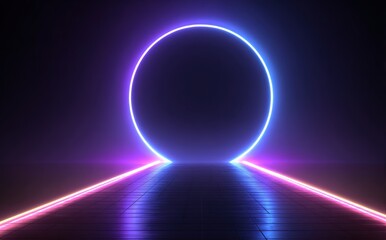 Glowing neon circle and lines on a dark reflective floor