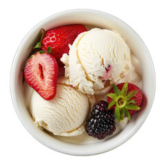 Two scoops of vanilla ice cream in a white bowl, topped with fresh strawberries and blackberries