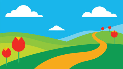 Obraz premium Vibrant spring landscape with winding path and tulips