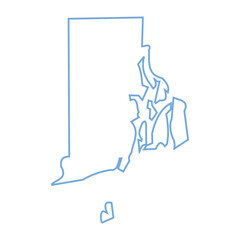 A blue outline of the state of Rhode Island on white background