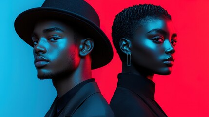 A stylish man and woman pose back-to-back under dramatic blue and red lighting, highlighting their contrasting profiles and fashionable expressions.