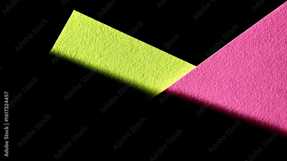 Aufkleber two overlapping textured sheets of vibrant lime-green and fuchsia against a black backdrop.