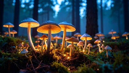 Luminous Mushroom Grove Glowing Warmly in a Cool, Blue Twilight Forest