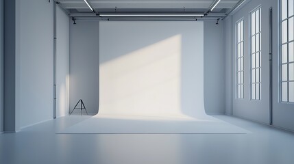A spacious, empty photography studio with large windows and a white backdrop, illuminated by natural light.