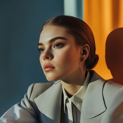 A young woman with sleek hair and hoop earrings gazes thoughtfully, dressed in a sharp blazer against a vibrant blue and orange background.