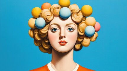A stylized portrait of a woman with curly blonde hair adorned with colorful spheres on a vibrant blue background.