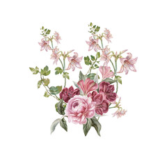  Watercolor Bouquet with Red and Pink Florals – Botanical Clipart for Wedding and Decor, Vintage Watercolor Flower Arrangement – Soft Red and Blush Floral Clipart