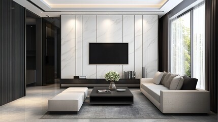 A modern living room with a neutral color palette, featuring a large sofa, ottoman, sleek TV, minimalist decor, and floor-to-ceiling windows with sheer curtains.