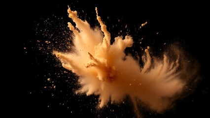 Abstract brown powder explosion in mid-air against a dark background, captured with dynamic motion.