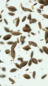 Dynamic Swirl of Brown Ajwain Seeds Suspended Mid Splash Against Clean White Background For Culinary Concepts And Spice Illustrations Targets 200 Character Count