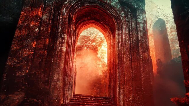 Exploring Ancient Stone Archway in Mystic Red Forest Fantasy Scene