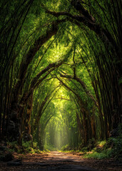 A winding path carved through lush bamboo stalks creates a magical atmosphere, with sunlight filtering through the dense canopy, inviting tranquility and reflection.