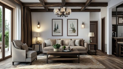 Cozy living room with neutral tones, wooden beams, elegant lighting, and comfortable seating centered around a wooden coffee table and decorative art on the walls.