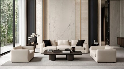A modern, minimalist living room with neutral tones features a large sofa, two armchairs, a wooden coffee table, and large windows overlooking greenery.