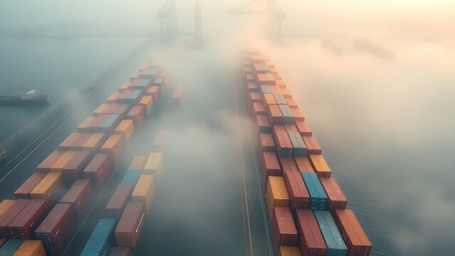 Aerial view of colorful shipping containers arranged in geometric patterns in a misty harbor.