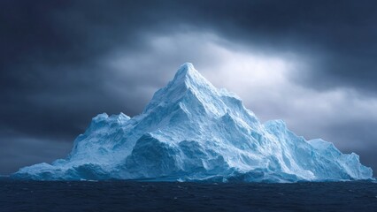 Majestic icebergs rise dramatically from ocean under moody sky with glaciers and icebergs in distance creating breathtaking scene