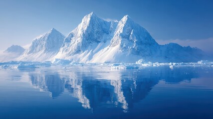 Majestic glaciers and icebergs in distance reflect beautifully on calm water, creating serene and breathtaking landscape