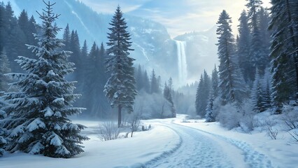 Fototapeta premium Snow covered forest road leading to a majestic waterfall in a winter mountain landscape