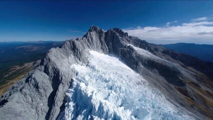 Majestic mountain peaks rise above stunning glaciers and icebergs in distance, showcasing nature breathtaking beauty and grandeur